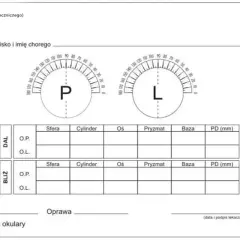 Formularz recepty okulistycznej z polami do wpisania danych dotyczących wady wzroku (np. sfery, cylindra) i korekcji.
