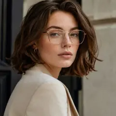Eleganckie okulary w złotych, kwadratowych oprawkach idealnie podkreślają rysy twarzy, stanowiąc doskonały wybór, jeśli zastanawiasz się, jakie okulary do trójkątnej twarzy wybrać.