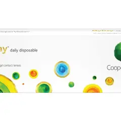 Opakowanie soczewek MyDay CooperVision. Różne rozmiary soczewek przedstawione jako kolorowe kółka.