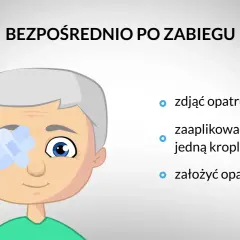 Starszy pan z plastrem na oku po zabiegu. Instrukcja: zdjąć opatrunek, zaaplikować kroplę leku. Ducressa na co pomaga? Na regenerację po zabiegach.