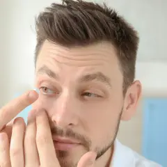 Mężczyzna zakłada soczewkę kontaktową. Czy soczewka może wypaść? Nie, jeśli jest prawidłowo założona i pielęgnowana.