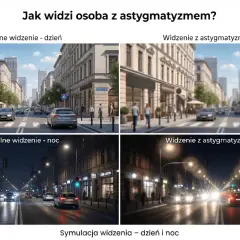 Symulacja widzenia pokazuje, na czym polega astygmatyzm: rozmyte obrazy i poświaty wokół świateł, zarówno w dzień, jak i w nocy.