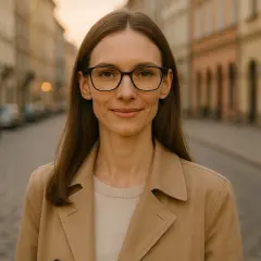 Kobieta w okularach do szczupłej twarzy, w beżowym płaszczu, stoi na ulicy.