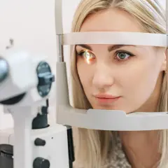 Kobieta z blond włosami poddawana badaniu wzroku. Okular na jedno oko jest częścią urządzenia diagnostycznego.