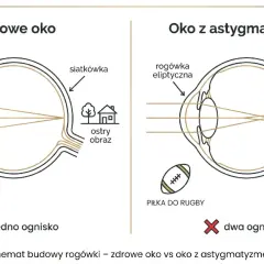 Zdrowe oko z kulistą rogówką skupia światło w jednym ognisku, dając ostry obraz. Oko z astygmatyzmem i eliptyczną rogówką tworzy dwa ogniska, co skutkuje rozmytym obrazem.