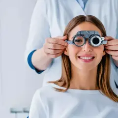 Uśmiechnięta kobieta podczas badania wzroku. Optometrysta dopasowuje jej najdroższe szkła do okularów, by zapewnić najlepszą ostrość widzenia.