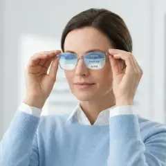 Kobieta w okularach progresywnych, które korygują widzenie na dalekie, pośrednie i bliskie. Czy okulary progresywne trzeba nosić cały czas?