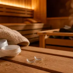 Soczewki kontaktowe i ich pojemniczek leżą na drewnianej ławce w saunie, obok ręcznika. Para unosi się z kamieni.