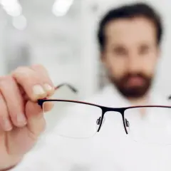 Mężczyzna z brodą trzyma okulary. Tak widzi krótkowidz bez korekcji.