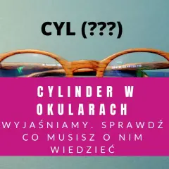 Okulary z drewnianymi oprawkami i tekstem "CYLINDER W OKULARACH". Wyjaśniamy, co musisz wiedzieć o szkłach cylindrycznych minusach.