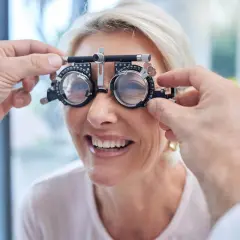 Kobieta uśmiecha się podczas badania wzroku, gdzie optometrysta dopasowuje cieniowanie szkieł w okularach próbnych.