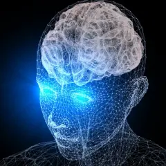Siatka neuronowa ludzkiej głowy z błyszczącymi oczami, symbolizująca zaburzenia widzenia obuocznego objawy i problemy z percepcją.