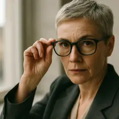 Kobieta z siwymi włosami i okularami zastanawia się, kto lepiej dobierze okulary: okulista czy optometrysta.
