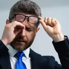 Mężczyzna w garniturze i okularach pociera oko, jakby coś wpadło do oka pod górną powiekę.