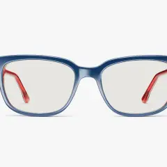 Eleganckie okulary korekcyjne w granatowej oprawce z czerwonymi zausznikami. Niebieskie szkła w okularach korekcyjnych zapewniają komfort widzenia.