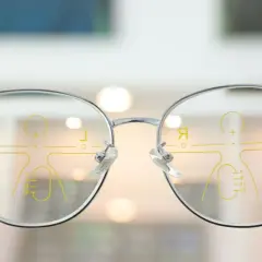 Okulary z soczewką multifokalną, z zaznaczonymi strefami widzenia.