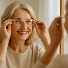 Uśmiechnięta kobieta w średnim wieku przymierza okulary. Jasne oprawki, które odmładzają, podkreślają jej promienny wygląd.