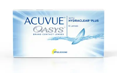 Opakowanie soczewek kontaktowych ACUVUE OASYS z technologią HYDRACLEAR PLUS. Sześć soczewek sferycznych z filtrem UV.