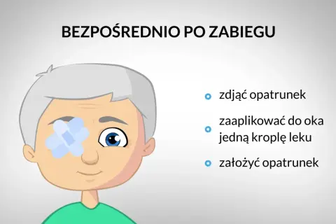 Starszy pan z plastrem na oku po zabiegu. Instrukcja: zdjąć opatrunek, zaaplikować kroplę leku. Ducressa na co pomaga? Na regenerację po zabiegach.