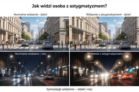 Symulacja widzenia pokazuje, na czym polega astygmatyzm: rozmyte obrazy i poświaty wokół świateł, zarówno w dzień, jak i w nocy.