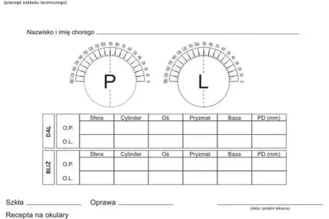 Formularz recepty na okulary z polami na dane pacjenta, moc soczewek (sfera, cylinder, oś, pryzmat, baza) dla dali i bliży, oraz miejscem na podpis lekarza.