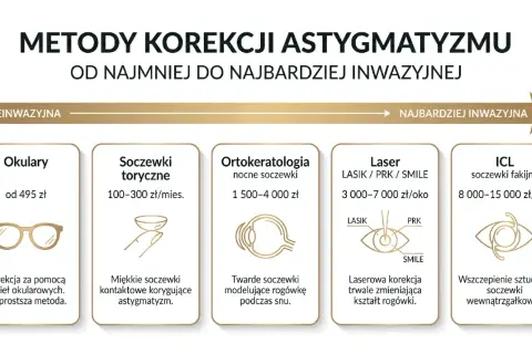 Metody korekcji astygmatyzmu krótkowzrocznego: okulary, soczewki, ortok., laser, ICL. Od najmniej do najbardziej inwazyjnych.
