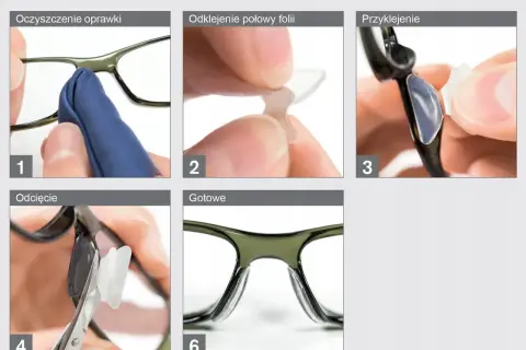 Instrukcja jak zwęzić okulary: czyszczenie, odklejanie folii, przyklejanie nosków, przycinanie i gotowe.