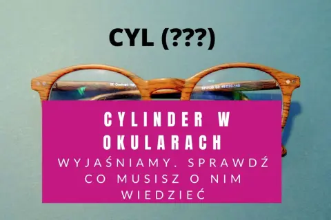 Okulary z drewnianymi oprawkami i tekstem "CYLINDER W OKULARACH". Wyjaśniamy, co musisz wiedzieć o szkłach cylindrycznych minusach.