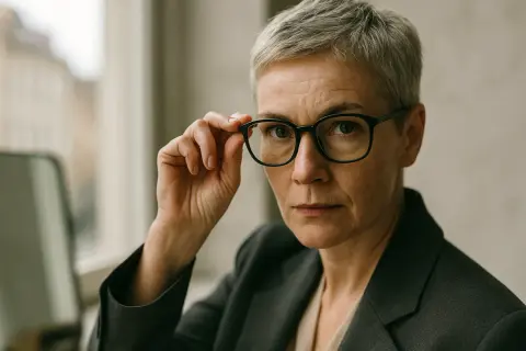 Kobieta z siwymi włosami i okularami zastanawia się, kto lepiej dobierze okulary: okulista czy optometrysta.