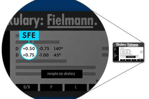 Na recepcie okularowej Fielmann widoczna jest wada minus dla oka D: +0.50 -0.75 140° i +0.75 -1.00 45°.