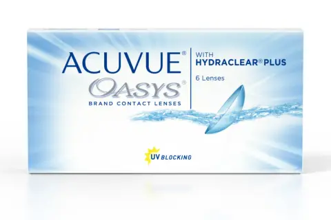 Opakowanie soczewek kontaktowych ACUVUE OASYS z technologią HYDRACLEAR PLUS. Sześć soczewek sferycznych z filtrem UV.