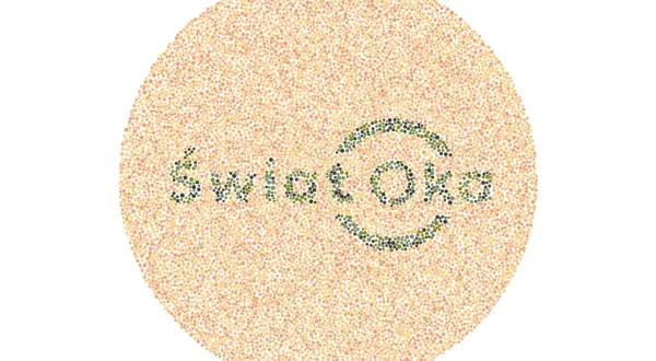 Test widzenia barw. Litery "Świat Oka" uformowane z zielonych kropek na tle pomarańczowych, wyjaśniający, dlaczego jedno oko widzi cieplejsze barwy.