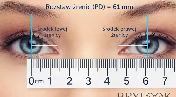 Pomiar rozstawu źrenic (PD) 61 mm, kluczowy dla dopasowania okularów.