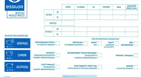 Formularz badania wzroku z polem "ADDYCJA", które określa, co to jest dodatek do korekcji widzenia.
