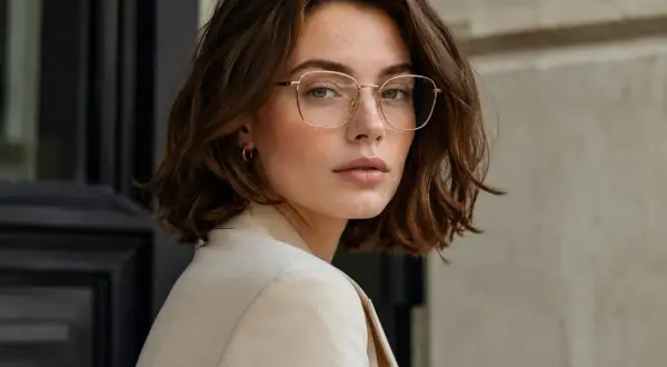 Eleganckie okulary w złotych, kwadratowych oprawkach idealnie podkreślają rysy twarzy, stanowiąc doskonały wybór, jeśli zastanawiasz się, jakie okulary do trójkątnej twarzy wybrać.