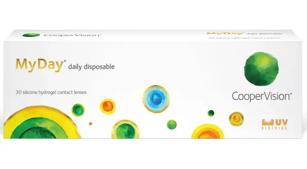 Opakowanie soczewek MyDay CooperVision. Różne rozmiary soczewek przedstawione jako kolorowe kółka.