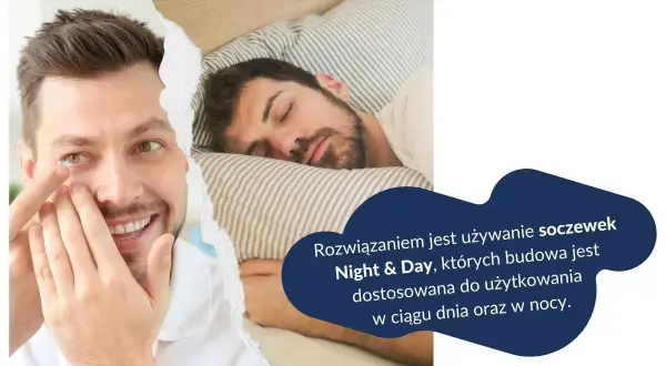 Mężczyzna zakłada soczewkę kontaktową, obok śpi inny mężczyzna. Rozwiązaniem jest soczewka Night & Day, idealna na dzień i noc, nawet na drzemkę kontaktową.