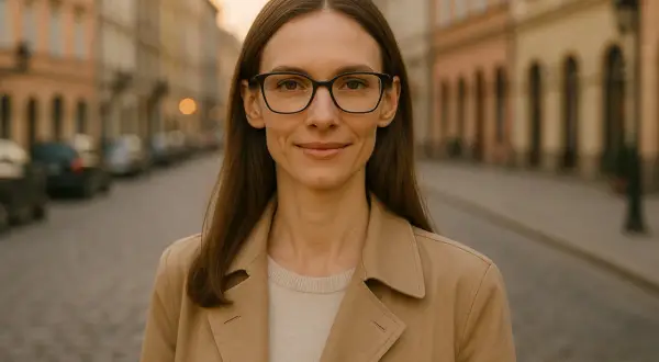 Kobieta w okularach do szczupłej twarzy, w beżowym płaszczu, stoi na ulicy.