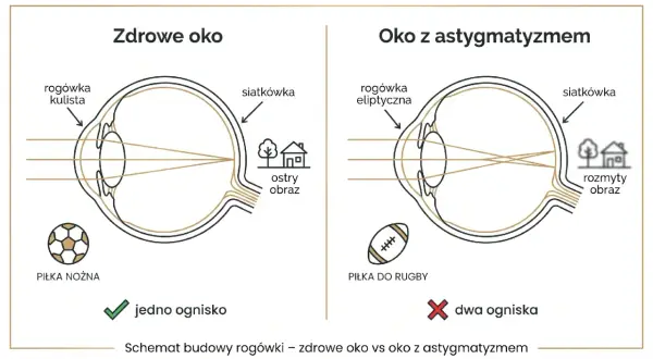 Zdrowe oko z kulistą rogówką skupia światło w jednym ognisku, dając ostry obraz. Oko z astygmatyzmem i eliptyczną rogówką tworzy dwa ogniska, co skutkuje rozmytym obrazem.