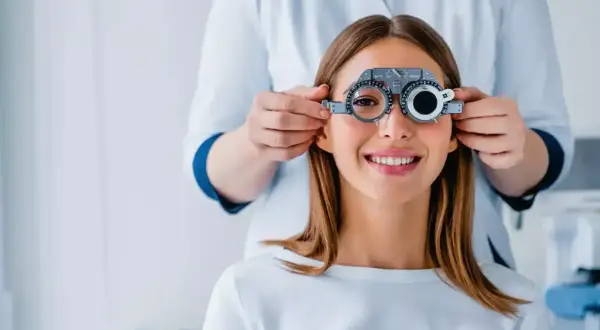 Uśmiechnięta kobieta podczas badania wzroku. Optometrysta dopasowuje jej najdroższe szkła do okularów, by zapewnić najlepszą ostrość widzenia.