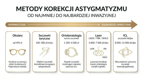 Metody korekcji astygmatyzmu krótkowzrocznego: okulary, soczewki, ortok., laser, ICL. Od najmniej do najbardziej inwazyjnych.