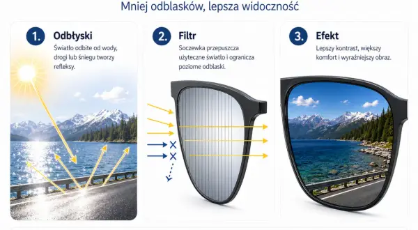 Okulary polaryzacyjne są zdrowe, bo ograniczają odblaski od wody, drogi i śniegu, zapewniając lepszą widoczność i komfort.