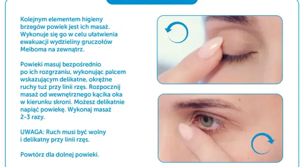 Delikatne wyciskanie gruczołów Meiboma poprzez masaż powiek. Palcem wskazującym wykonuje się okrężne ruchy przy linii rzęs.
