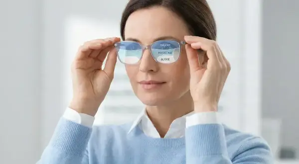 Kobieta w okularach progresywnych, które korygują widzenie na dalekie, pośrednie i bliskie. Czy okulary progresywne trzeba nosić cały czas?