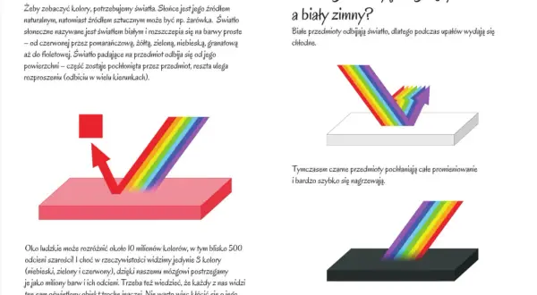 Białe przedmioty odbijają światło, dlatego są zimne, a czarne je pochłaniają, dlatego są gorące. To wyjaśnia, dlaczego widzimy kolory.