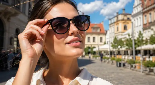 Kobieta w okularach przeciwsłonecznych z filtrami UV w kategorii "modne akcesoria" spaceruje po urokliwym, brukowanym rynku.