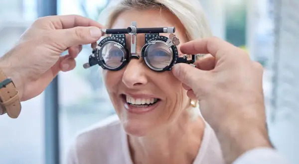Kobieta uśmiecha się podczas badania wzroku, gdzie optometrysta dopasowuje cieniowanie szkieł w okularach próbnych.