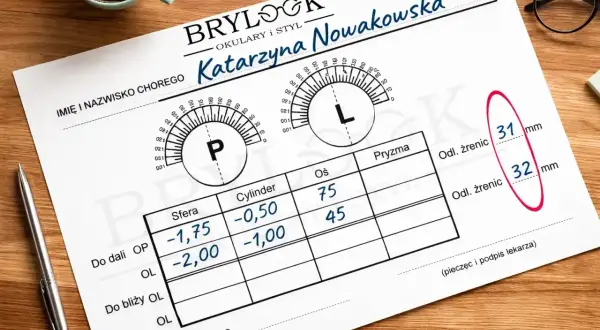 Recepta okularowa Katarzyny Nowakowskiej. Wskazuje parametry soczewek, w tym "Oś" (75 i 45 stopni), co jest kluczowe dla prawidłowego ustawienia okularów.