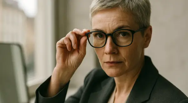 Kobieta z siwymi włosami i okularami zastanawia się, kto lepiej dobierze okulary: okulista czy optometrysta.