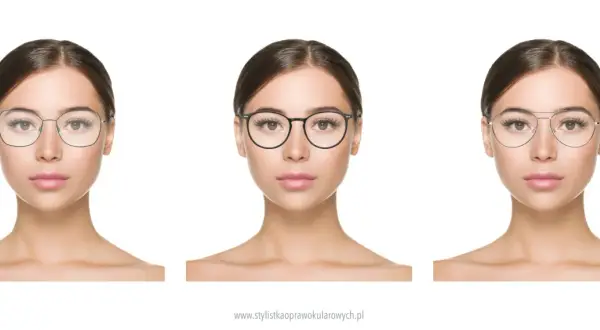 Trzy kobiety prezentują różne modele okularów dla okrągłej twarzy: geometryczne, okrągłe i metalowe.